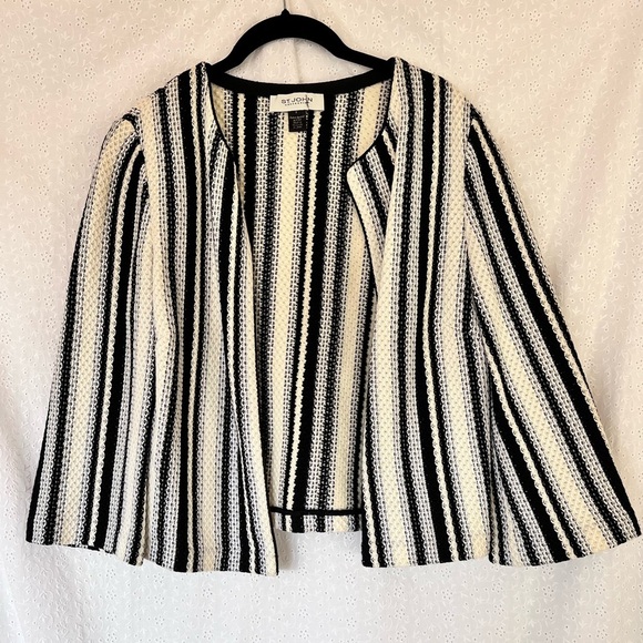 St. John Knit Black and White Sweater Jacket Cropped Striped Wool Blend Blazer - Picture 1 of 6
